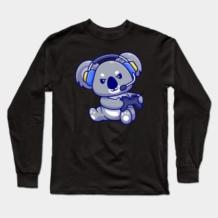 Cute Koala Playing Game With Headphone Cartoon Long Sleeve T-Shirt